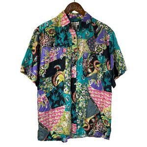 Bogari Colorful Shirt Short Sleeve Medium 100% Silk Button Up